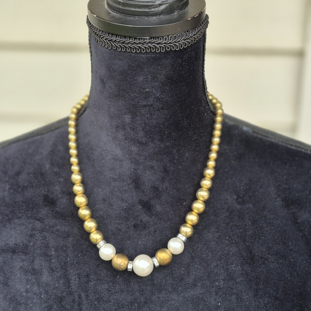 Vintage Elegant Gold and Silver Beaded Knecklace With Rhiestone Embelishment